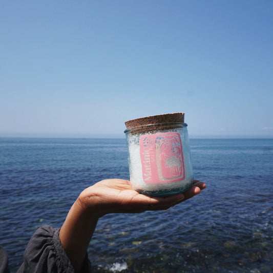 Hand holding an 8 ounce glass jar containing sea salt against a blue sky and ocean background